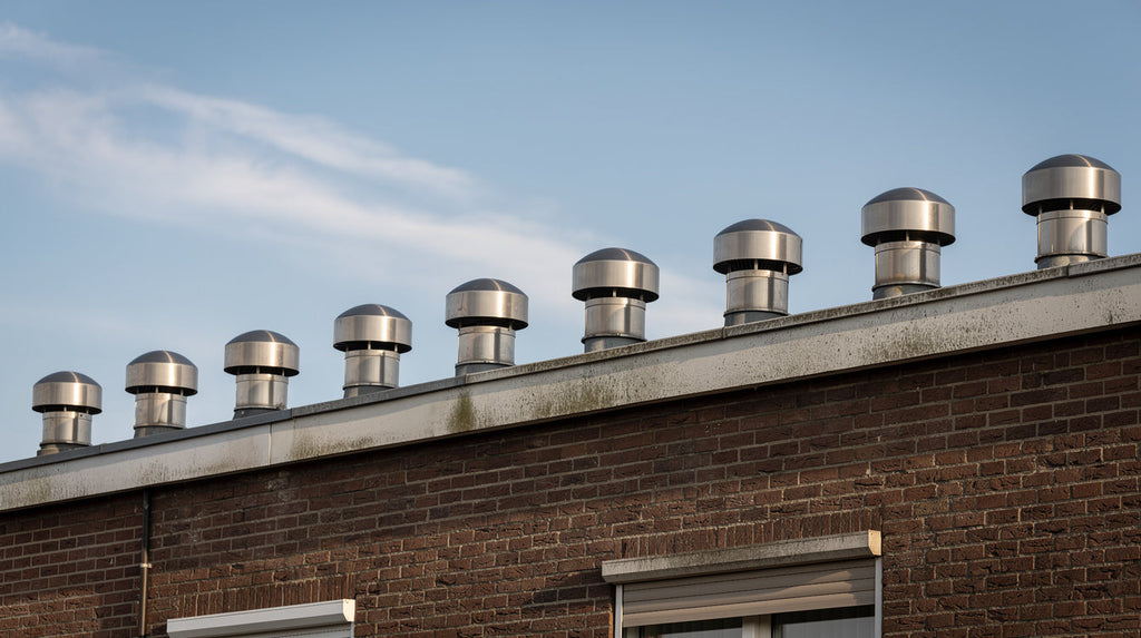 Dakkappen van een CLV-systeem op het dak van een appartementencomplex