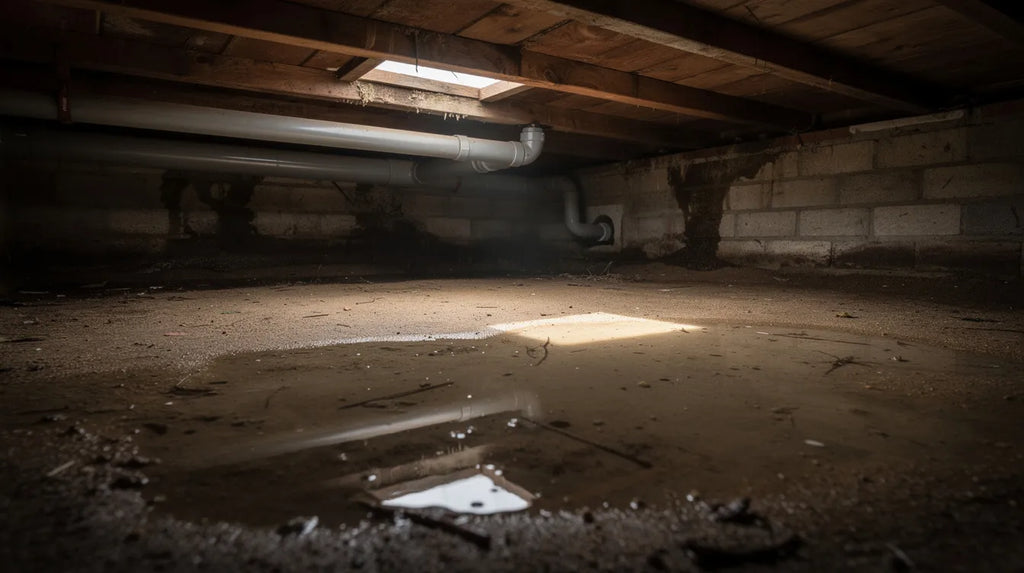 Laag water in een kruipruimte onder de vloer met leidingen en houten balken
