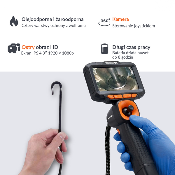 Kamera inspekcyjna Webvision Endoskop – obiektyw 6 mm – ruchoma głowica 720° – kabel 2 m – IP68 – karta SD