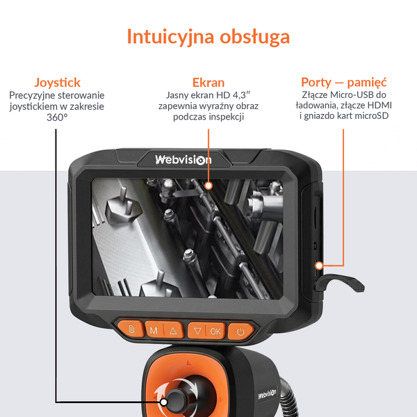 Kamera inspekcyjna Webvision Endoskop – obiektyw 6 mm – ruchoma głowica 720° – kabel 2 m – IP68 – karta SD