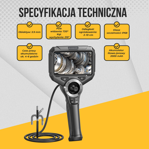 Webvision Kamera endoskopowa ze sterowaną głowicą 720° – Obiektyw 3,9 mm – Ekran IPS 5,0" – IP68 – Karta SD