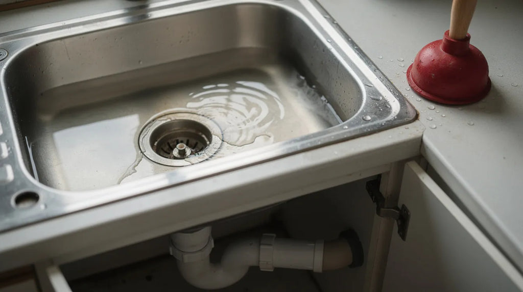 Verstopte afvoer in een keukengootsteen met staand water en een rubberen ontstopper ernaast