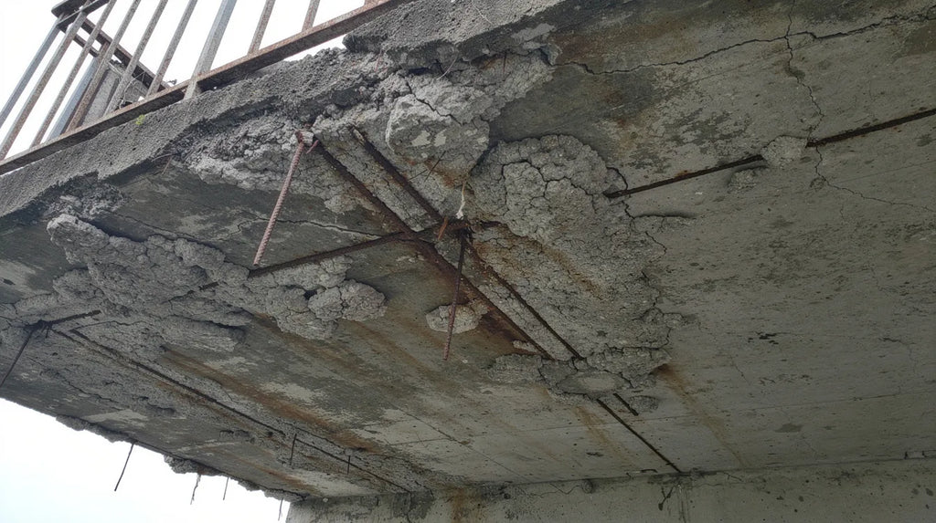 Betonrot aan de onderzijde van een balkon met afgebrokkeld beton en roestende wapening