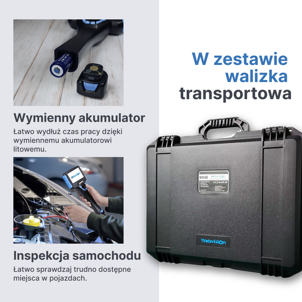 Webvision WVS40 Przemysłowa kamera endoskopowa – obiektyw 6 mm – obrotowa głowica 720° – odłączany przewód (1–10 m) – IP68 – odporność na wysokie temperatury