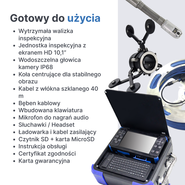 Webvision Profesjonalna Kamera Inspekcyjna 40 m – Głowica Pan & Tilt 28 mm – Obrót 360° / Pochylenie 180° – Monitor HD 10,1" – Kamera Kanalizacyjna 512 Hz