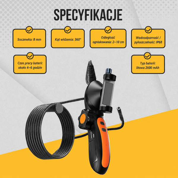 Kamera Inspekcyjna Endoskopowa Webvision - Obiektyw 8mm - iOS i Android - Obrotowy obiektyw 36cji 360° - Kabel 1M - IP68