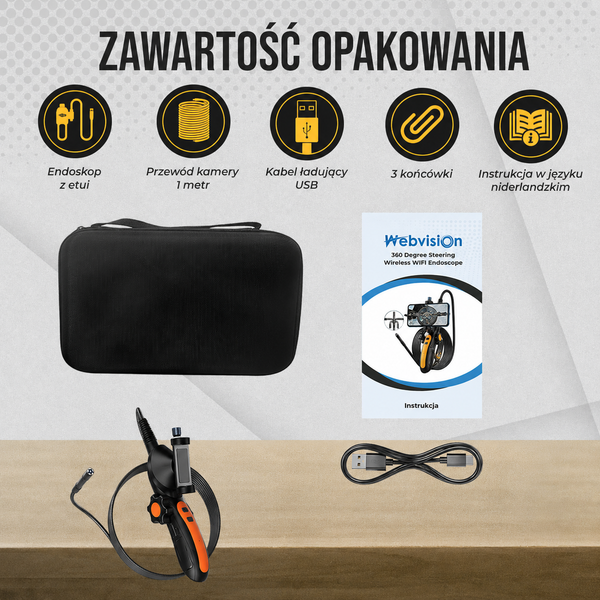 Kamera Inspekcyjna Endoskopowa Webvision - Obiektyw 8mm - iOS i Android - Obrotowy obiektyw 36cji 360° - Kabel 1M - IP68